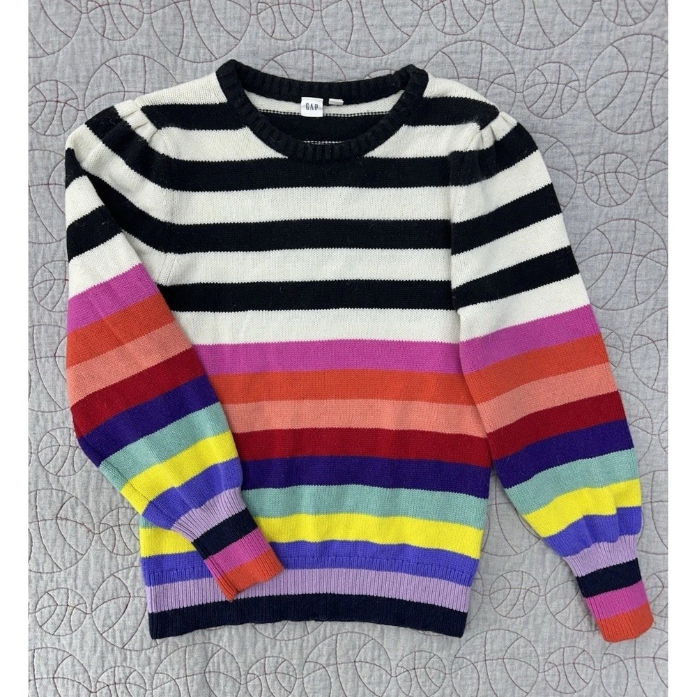 GAP Puff Sleeve‎ Rainbow Stripe Sweater Merino Wool / Women's Size Large